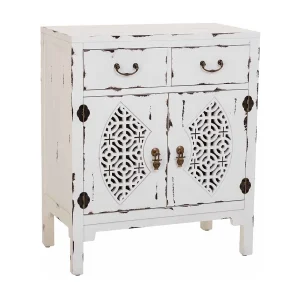 Houten haltafel met 2 lades en 2 witte deuren Houten haltafel met 2 lades en 2 witte deuren
