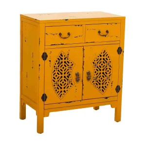 Houten haltafel met 2 lades en 2 deuren in geel Houten haltafel met 2 lades en 2 deuren in geel