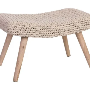Houten bank met beige gevlochten katoenen bekleding