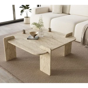 Houten salontafel "Woog" 90 x 90 x 35 cm – Travertin