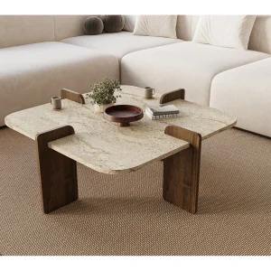 Houten salontafel "Poalla" – 90 x 90 x 35 cm – Travertin