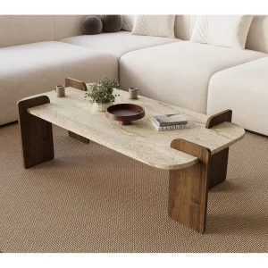 Houten salontafel "Leapiri" – 120 x 60 x 35 cm – Travertin