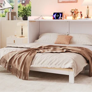 Inklapbaar bed 140×200 cm – met USB-poort + stopcontact – met LED-verlichting – Inklapbed – wit​ (matras niet inbegrepen)