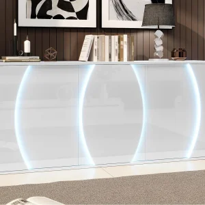 Hoogglans gelakt dressoir 150x40x70 cm – Woonkamermeubel 3 deuren – LED-verlichting – Spaanplaat – Wit Hoogglans gelakt dressoir 150x40x70 cm – Woonkamermeubel 3 deuren – LED-verlichting – Spaanplaat – Wit