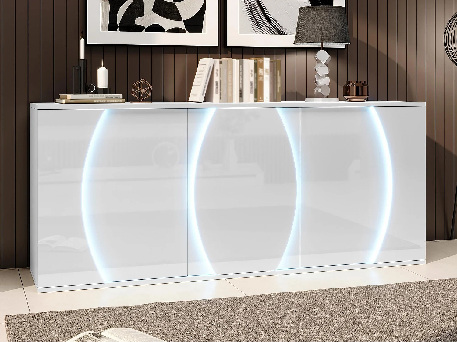 Hoogglans gelakt dressoir 150x40x70 cm - Woonkamermeubel 3 deuren - LED-verlichting - Spaanplaat - Wit