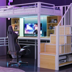 Hoogslaper 90 x 200 cm – met planken – met bureau – met stopcontact – met LED-verlichting – met ladder – wit (matras niet inbegrepen) Hoogslaper 90 x 200 cm – met planken – met bureau – met stopcontact – met LED-verlichting – met ladder – wit (matras niet inbegrepen)