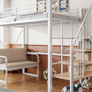 Hoogslaper 90 x 200 cm – Metalen constructie – Met bank – Met ladder – wit​ (matras niet inbegrepen)