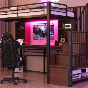 Hoogslaper 90 x 200 cm – met planken – met bureau – met stopcontact – met LED-verlichting – met ladder – zwart (matras niet inbegrepen) Hoogslaper 90 x 200 cm – met planken – met bureau – met stopcontact – met LED-verlichting – met ladder – zwart (matras niet inbegrepen)
