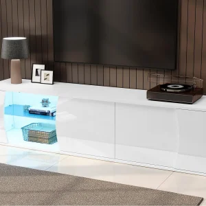 Hoogglans gelakt TV-meubel 180x40x45 cm – LED-verlichting – 3 deuren – Glas-in-lood van gehard glas – Spaanplaat – Wit Hoogglans gelakt TV-meubel 180x40x45 cm – LED-verlichting – 3 deuren – Glas-in-lood van gehard glas – Spaanplaat – Wit
