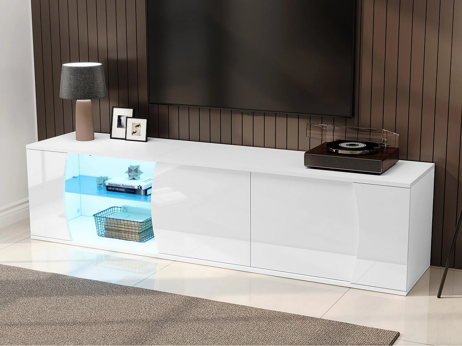 Hoogglans gelakt TV-meubel 180x40x45 cm - LED-verlichting - 3 deuren - Glas-in-lood van gehard glas - Spaanplaat - Wit