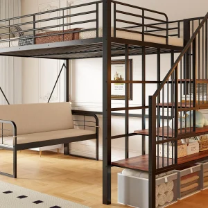Hoogslaper 90 x 200 cm – Metalen constructie – Met bank – Met ladder – Zwart​ (matras niet inbegrepen)