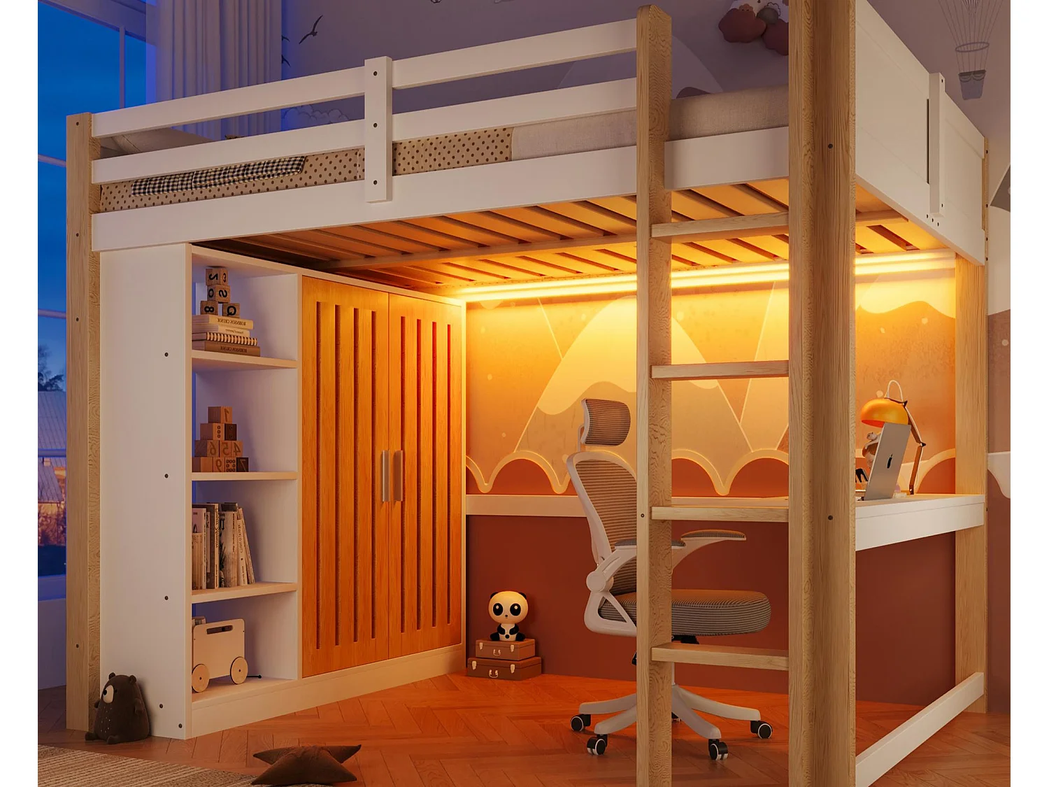 Hoogslaper 140x200 cm - met LED-verlichting - met kast - met planken en bureau - wit + natuurlijke kleur (matras niet inbegrepen)