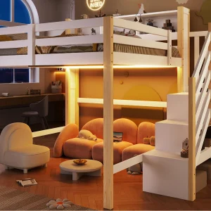 Hoogslaper 140x200cm – met LED-verlichting – met opbergtrap – Wit + Natuur (matras niet inbegrepen) Hoogslaper 140x200cm – met LED-verlichting – met opbergtrap – Wit + Natuur (matras niet inbegrepen)