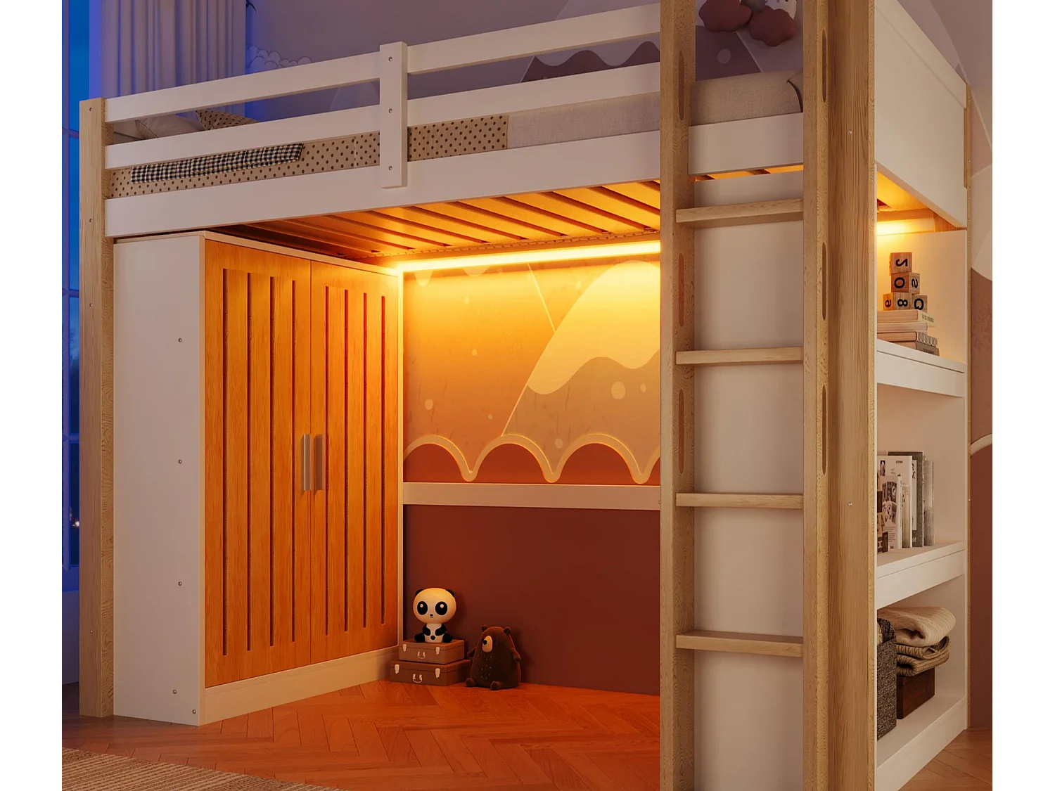 Hoogslaper 90x200cm - met LED-verlichting - met kast - met planken - wit + natuur (matras niet inbegrepen)
