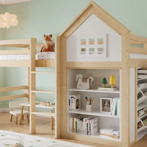 Hoogslaper 90×200 cm – met 1 lade en prentenboeken plank – met opbergvak – Wit+Natuur (zonder matras) Hoogslaper 90×200 cm – met 1 lade en prentenboeken plank – met opbergvak – Wit+Natuur (zonder matras)