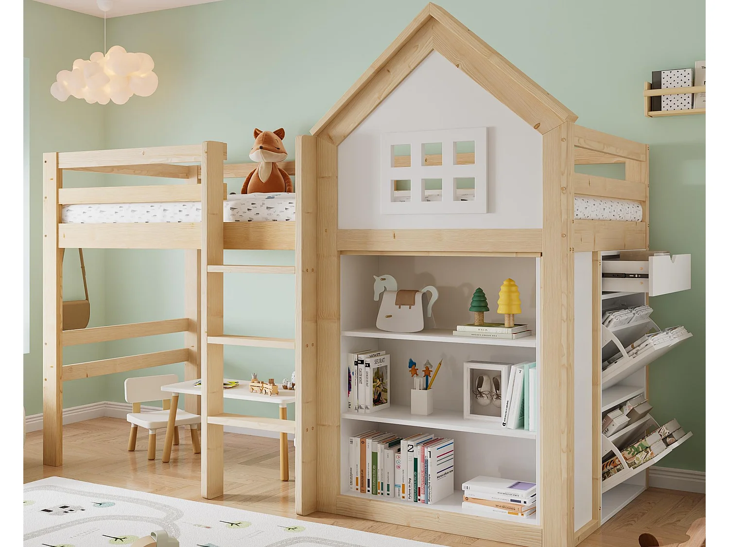 Hoogslaper 90x200 cm - met 1 lade en prentenboeken plank - met opbergvak - Wit+Natuur (zonder matras)