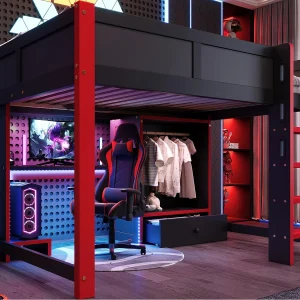 Hoogslaper 140x200cm – met LED-verlichting – met bureau – met ladder en kast – met 1 lade – zwart + rood (matras niet inbegrepen) Hoogslaper 140x200cm – met LED-verlichting – met bureau – met ladder en kast – met 1 lade – zwart + rood (matras niet inbegrepen)