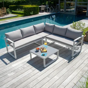 IBIZA modulaire tuinset in grijze stof 4 zitplaatsen – wit aluminium IBIZA modulaire tuinset in grijze stof 4 zitplaatsen – wit aluminium