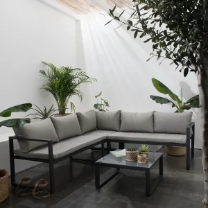 IBIZA modulaire tuinset in grijze stof 4 zitplaatsen – aluminium antraciet IBIZA modulaire tuinset in grijze stof 4 zitplaatsen – aluminium antraciet
