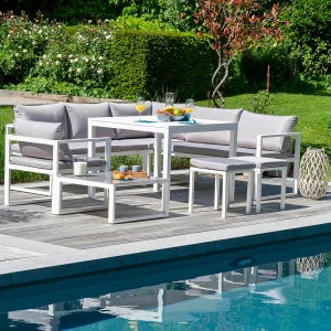 IBIZA modulaire tuinset in grijze stof voor 7 personen – wit aluminium IBIZA modulaire tuinset in grijze stof voor 7 personen – wit aluminium