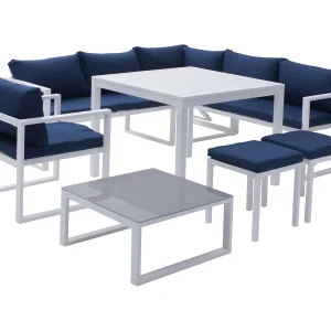 IBIZA modulaire tuinset in blauwe stof, 7 zitplaatsen – wit aluminium IBIZA modulaire tuinset in blauwe stof, 7 zitplaatsen – wit aluminium