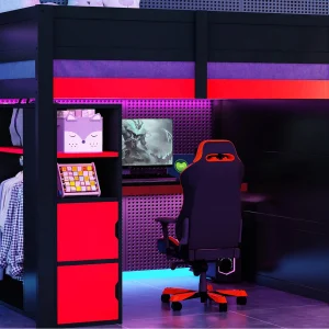 Houten hoogslaper 140x200cm met LED en USB-poort – Bureau en kast – Opbergtrap – Zwart + Rood (zonder matras) Houten hoogslaper 140x200cm met LED en USB-poort – Bureau en kast – Opbergtrap – Zwart + Rood (zonder matras)