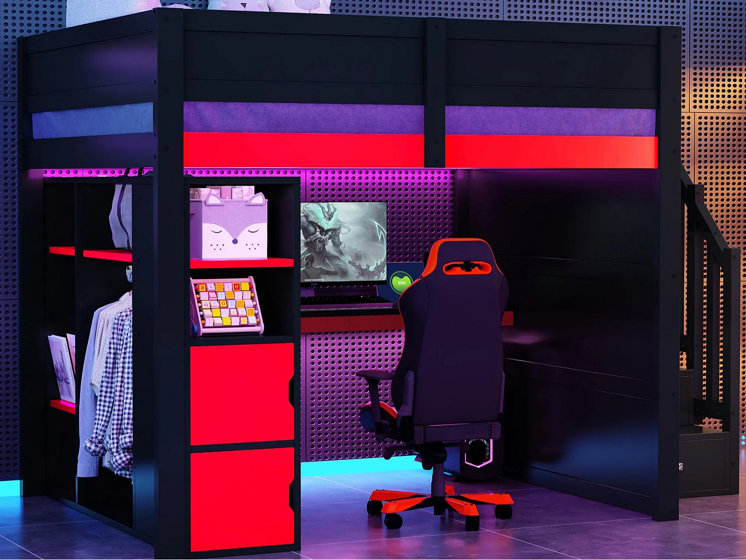 Houten hoogslaper 140x200cm met LED en USB-poort - Bureau en kast - Opbergtrap - Zwart + Rood (zonder matras)