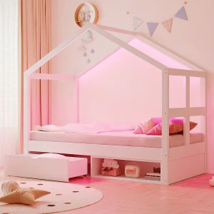Houten kinderbed – 90 x 190 cm – met lades + klein schoenenkastje + ledverlichting – huisvormig – wit