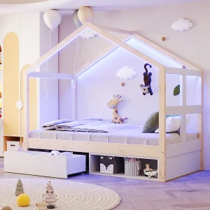 Houten kinderbed – 90 x 190 cm – met lades + klein schoenenkastje + ledverlichting – huisvormig – naturel