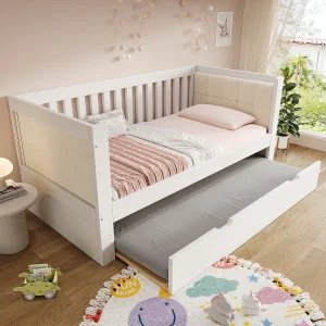 Houten slaapbank – 90 x 200 cm – met uitschuifbaar bed 90 x 190 cm + armleuningen en rugleuning – wit Houten slaapbank – 90 x 200 cm – met uitschuifbaar bed 90 x 190 cm + armleuningen en rugleuning – wit