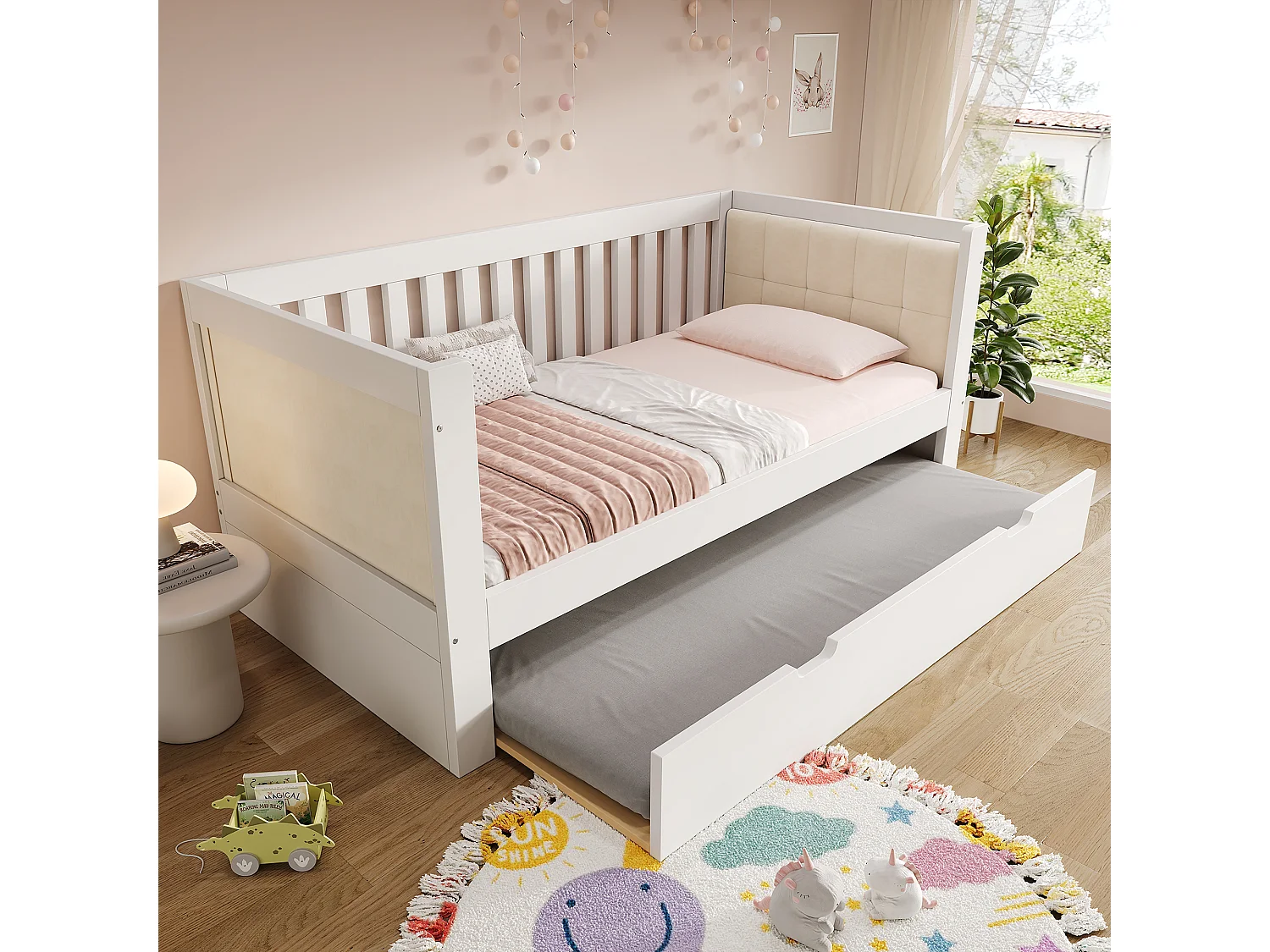 Houten slaapbank - 90 x 200 cm - met uitschuifbaar bed 90 x 190 cm + armleuningen en rugleuning - wit
