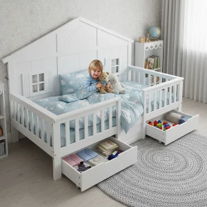 Houten kinderbed – 90 x 200 cm – met 2 lades + ramen + dak – grenen + MDF + multiplex – wit