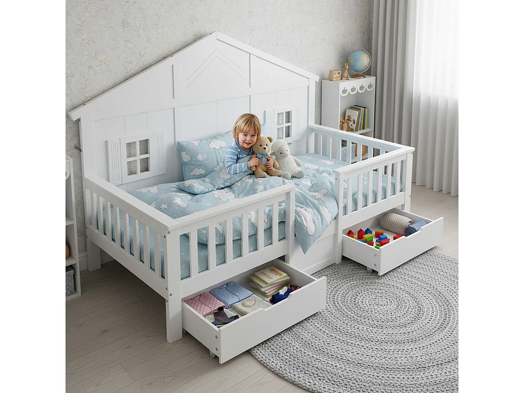 Houten kinderbed - 90 x 200 cm - met 2 lades + ramen + dak - grenen + MDF + multiplex - wit