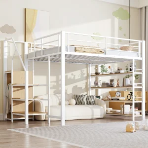 Hoogslaper – 140 x 200 cm – met opbergplanken + opbergladder + kledingkast – wit