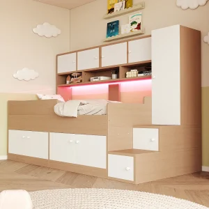 Houten kinderbed – 90 x 200 cm – met opbergruimte + planken + kledingkast + ledverlichting + veiligheidsrail – naturel