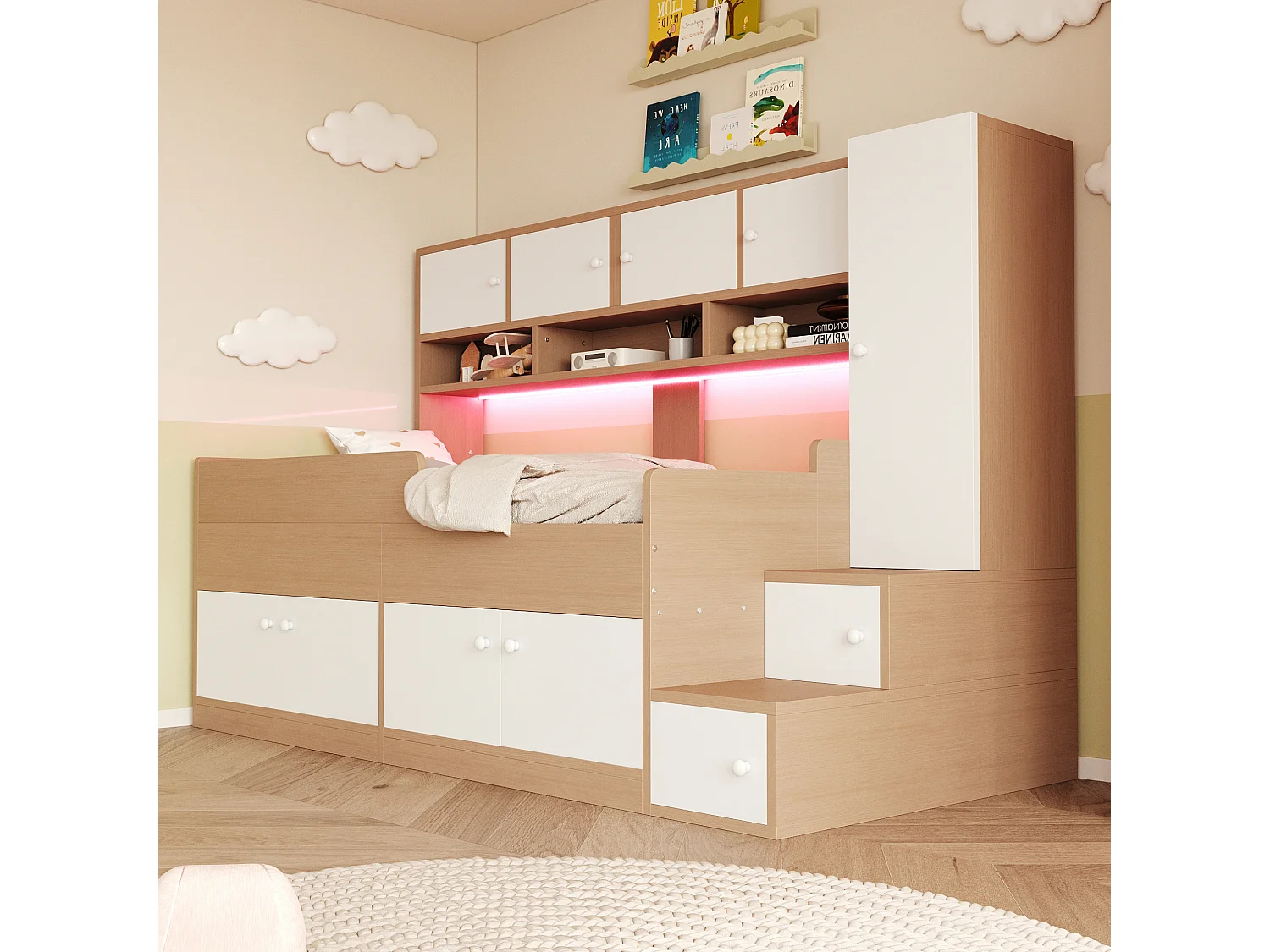 Houten kinderbed - 90 x 200 cm - met opbergruimte + planken + kledingkast + ledverlichting + veiligheidsrail - naturel