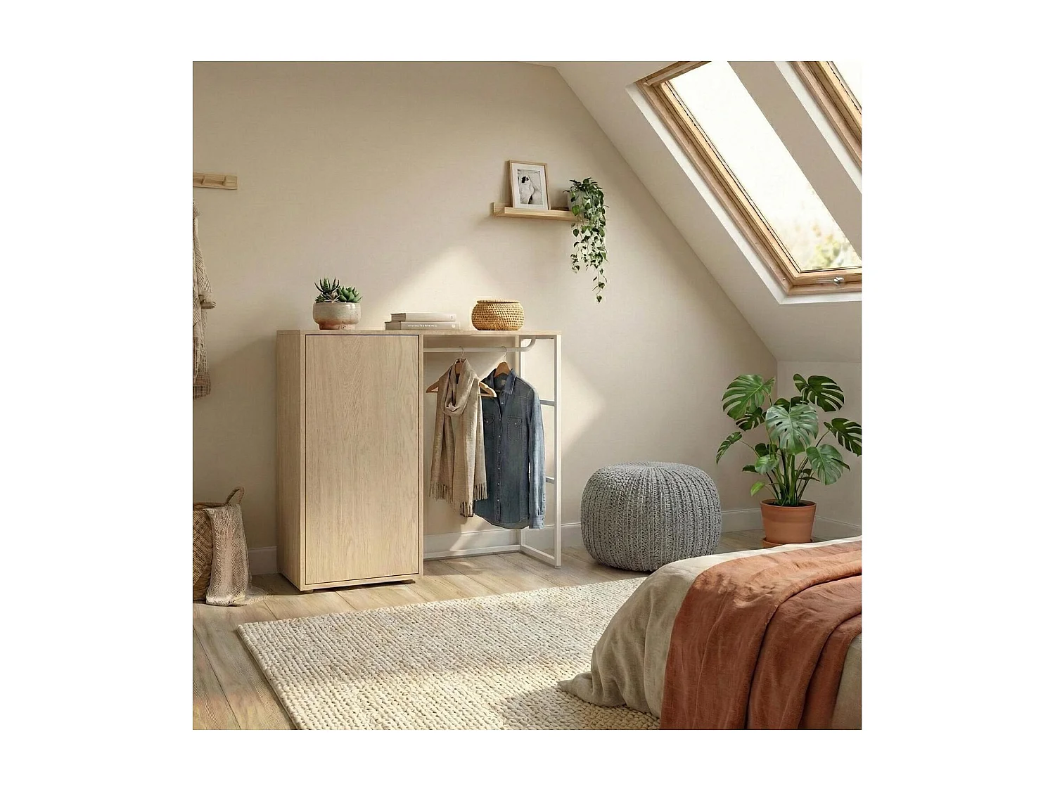 KADRA 100x85cm Kledingrek voor zolder met kledingkast en opbergunit