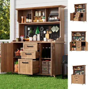 Houten tuinkast – 125 x 50 x 185 cm – met 3 laden + 3 vakken + geperforeerd metalen paneel – naturel Houten tuinkast – 125 x 50 x 185 cm – met 3 laden + 3 vakken + geperforeerd metalen paneel – naturel