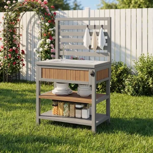 Houten tuinkast – 80 x 51 x 148,5 cm – met watertank + kraan + dubbele plank – naturel Houten tuinkast – 80 x 51 x 148,5 cm – met watertank + kraan + dubbele plank – naturel