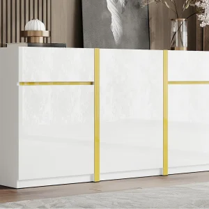 Hoogglans gelakt dressoir 160x40x78 cm – Modern opbergmeubel – 3 deuren en 2 lades – MDF – Wit Hoogglans gelakt dressoir 160x40x78 cm – Modern opbergmeubel – 3 deuren en 2 lades – MDF – Wit