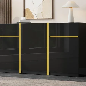 Hoogglans gelakt dressoir 160x40x78 cm – Modern opbergmeubel – 3 deuren en 2 lades – MDF – Zwart Hoogglans gelakt dressoir 160x40x78 cm – Modern opbergmeubel – 3 deuren en 2 lades – MDF – Zwart