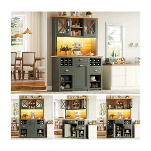 Hoge keukenkast – 120 x 45 x 188 cm – met glazen deuren + LED-verlichting + wijnrek + lades – MDF + glas – groen Hoge keukenkast – 120 x 45 x 188 cm – met glazen deuren + LED-verlichting + wijnrek + lades – MDF + glas – groen