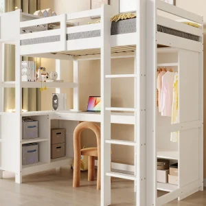 Hoogslaper 90x200cm – met planken – met opbergvakken – met bureau + kast – wit​ (matras niet inbegrepen)