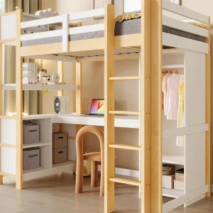 Hoogslaper 90x200cm – met planken – met opbergvakken – met bureau + kast – natuur​ (matras niet inbegrepen)