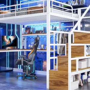 Hoogslaper 140×200 cm – IJzeren frame – 2 lades – Kledingstang – LED-verlichting – Bureau – wit (matras niet inbegrepen) Hoogslaper 140×200 cm – IJzeren frame – 2 lades – Kledingstang – LED-verlichting – Bureau – wit (matras niet inbegrepen)