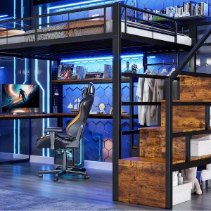 Hoogslaper 140×200 cm – IJzeren frame – 2 lades – Kledingstang – LED-verlichting – Bureau – Zwart (matras niet inbegrepen) Hoogslaper 140×200 cm – IJzeren frame – 2 lades – Kledingstang – LED-verlichting – Bureau – Zwart (matras niet inbegrepen)