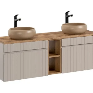 ICON set: onderkast 140cm met zichtbare nissen + 2 ronde cappuccino bruine opzetwastafels