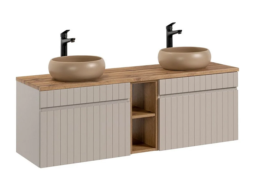 ICON set: onderkast 140cm met zichtbare nissen + 2 ronde cappuccino bruine opzetwastafels
