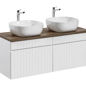 ICON set wit: onderkastmeubels 120cm + werkblad met donker houten look + twee witte opzetwaskommen