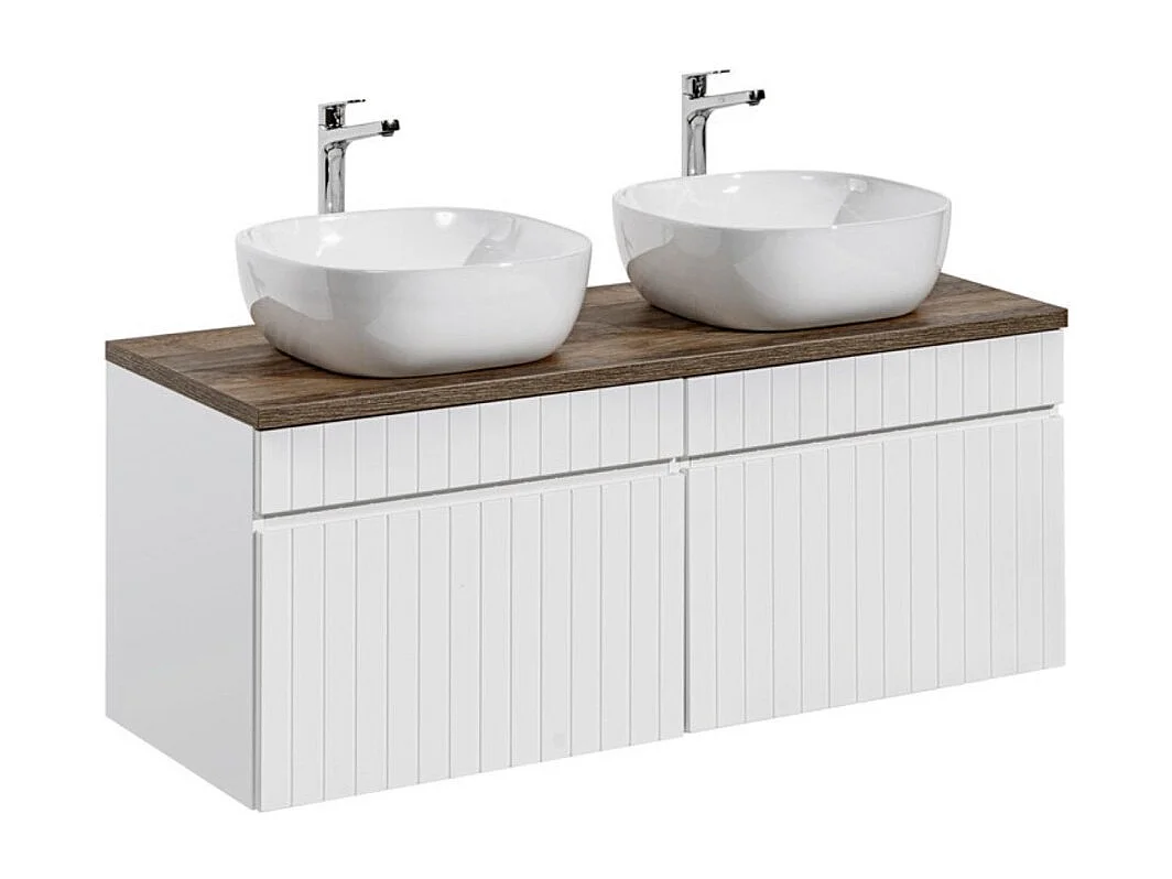 ICON set wit: onderkastmeubels 120cm + werkblad met donker houten look + twee witte opzetwaskommen
